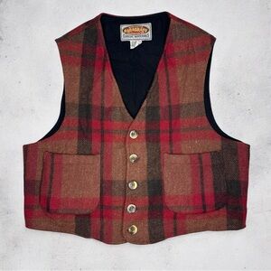 Vintage Men's Plaid Wool Vest - Red and Brown